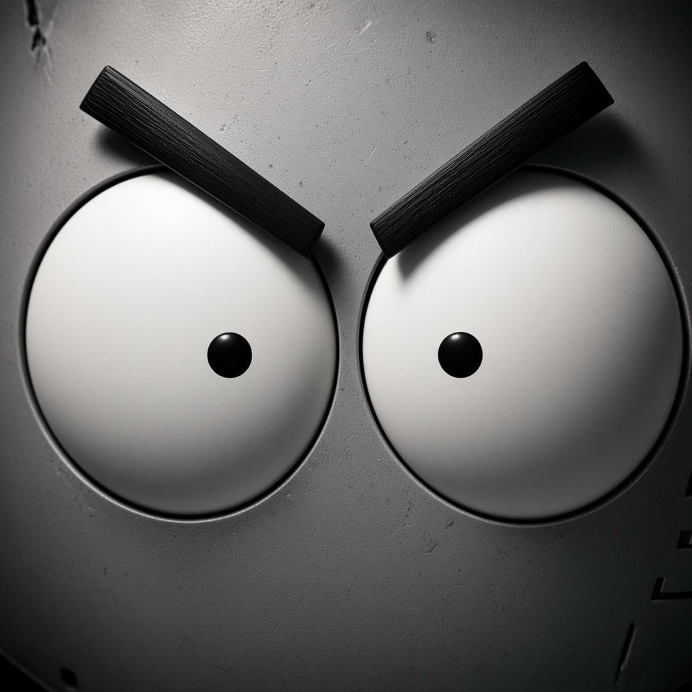 Close-up of the TEST robot's giant angry eyes, watching