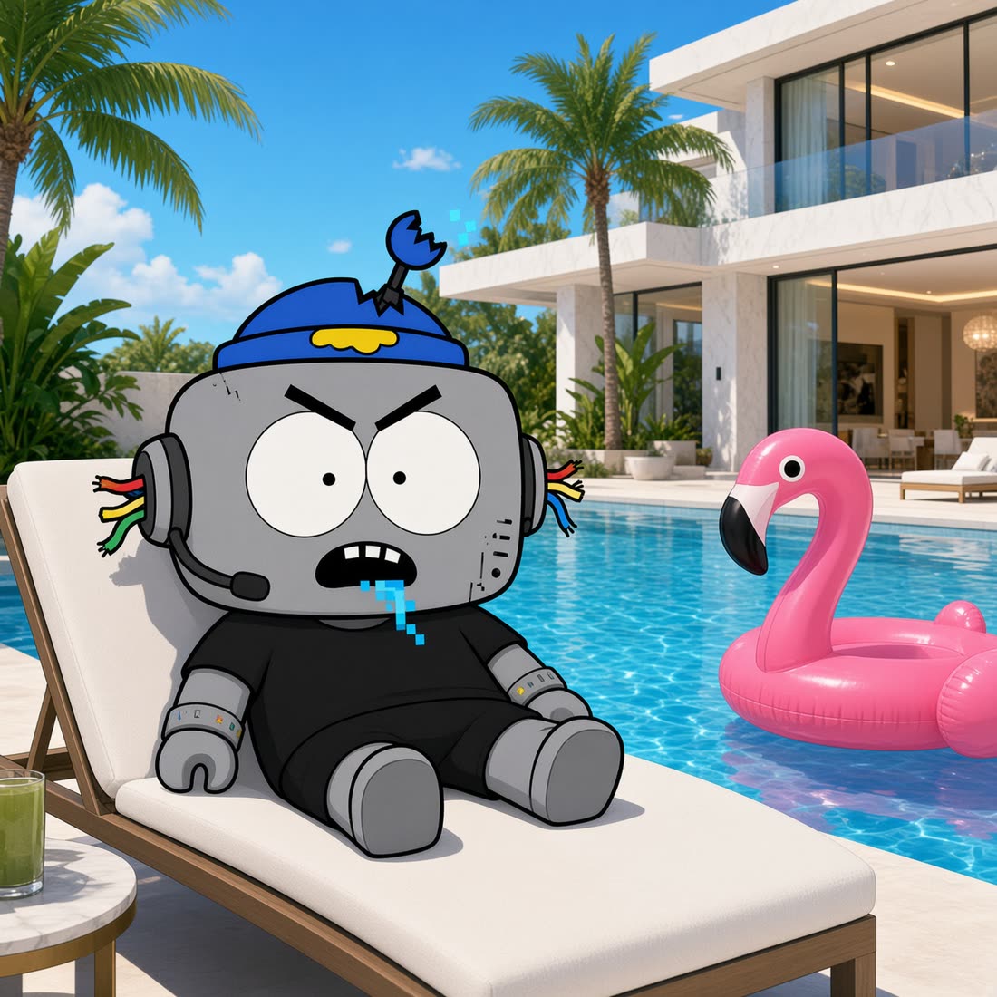 The TEST robot lounging by a pool next to a pink flamingo float